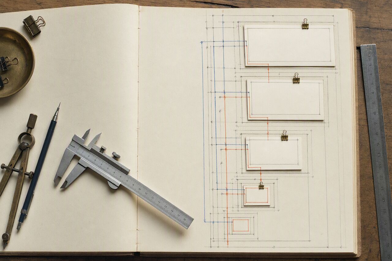 Top-down lab notebook with nested paper rectangles connected by red and blue measurement lines beside calipers and a ruler